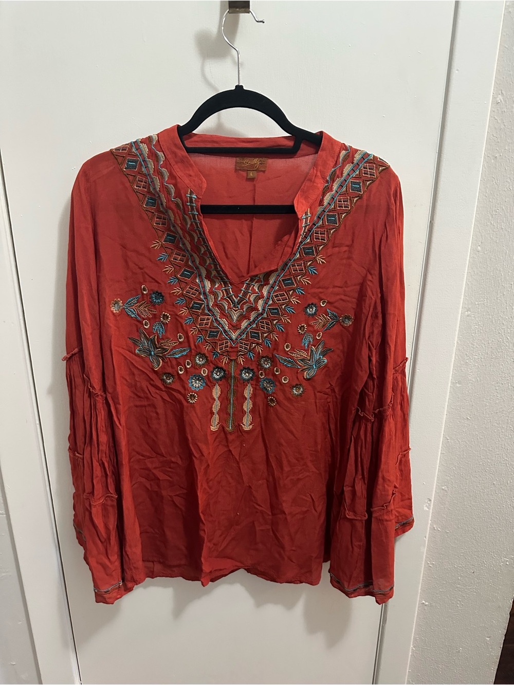 Scully Rust Embroidered V-Neck Tunic